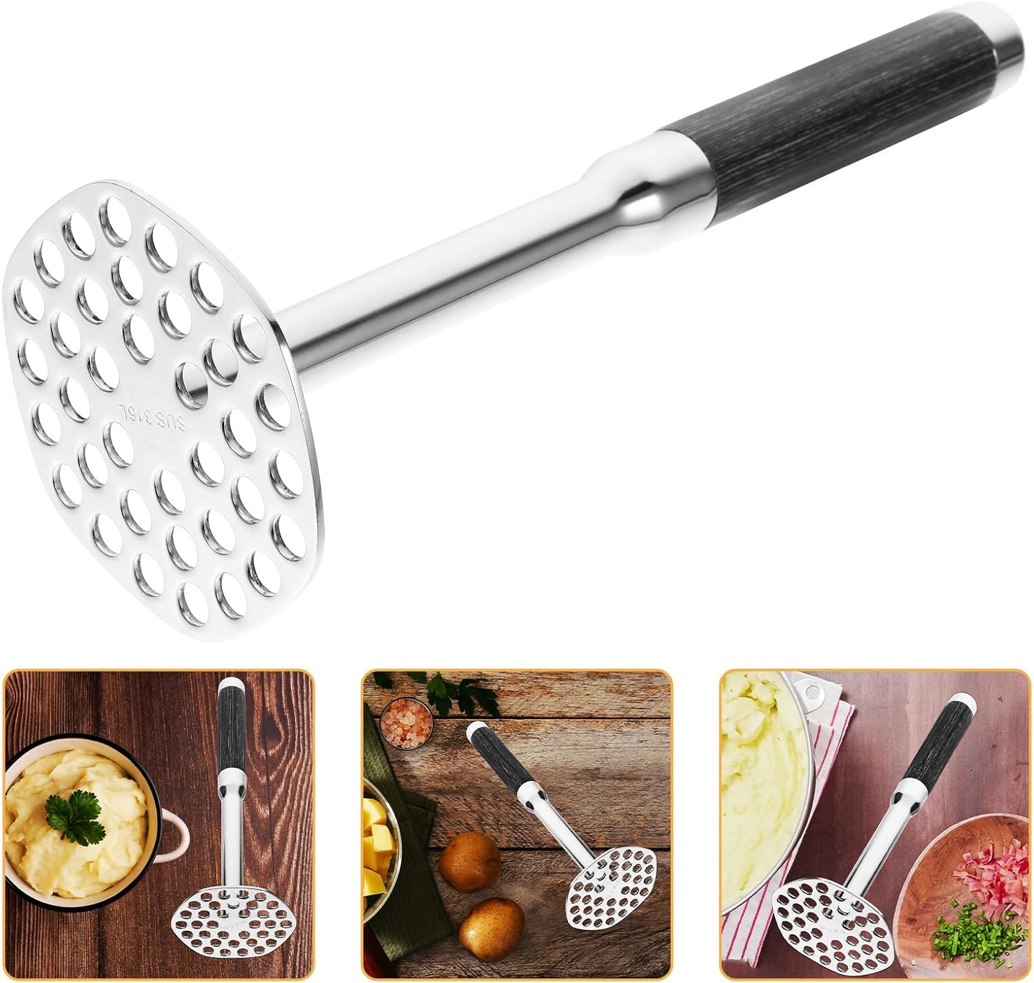 SAFIGLE Heavy-duty Stainless Steel Potato Masher and Ricer with Black Wood Handle, Manual Food Press for Mashed Potatoes, Vegetables, and Fruits, 1pcs Kitchen Tool for Home and Commercial