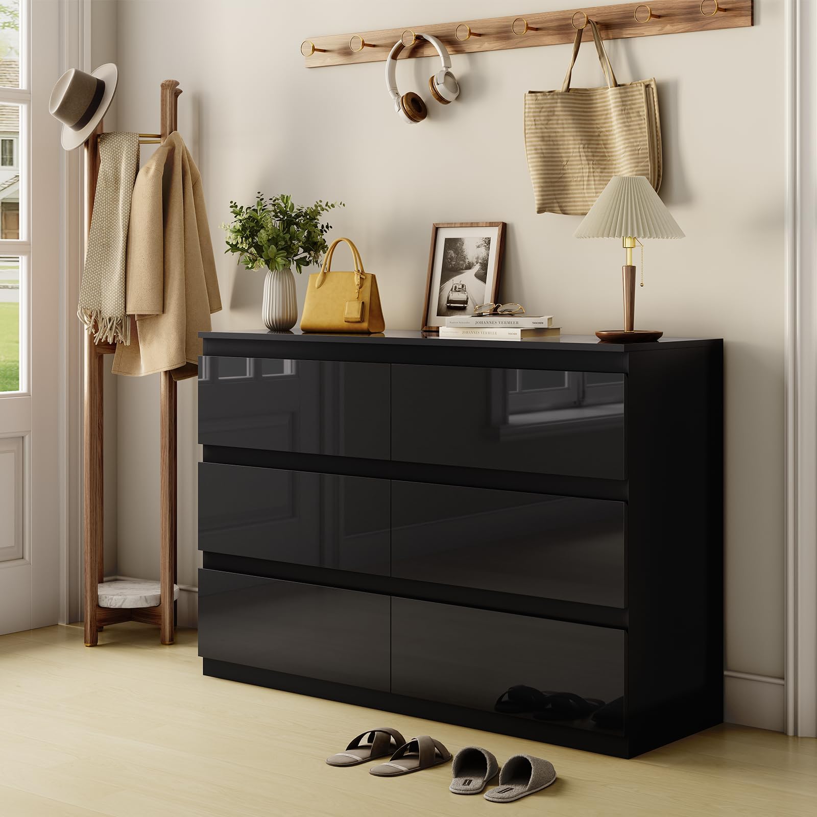 Dresser for Bedroom with 6 Wide Drawer, Black Wood Dresser, Modern Chest of Drawers for Clothes Storage, Multi-Functional Storage Organizer for Bedroom, Living Room & Entryway(47" W x15.4 Dx32.3 H)