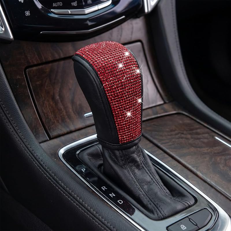 Capa decorativa para manopla de câmbio automotivo QIESCOL vermelha com strass
