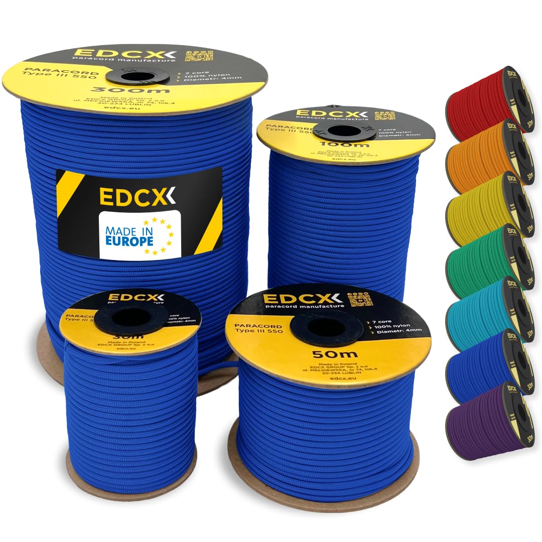 Paracorde En Nylon EDCX 4 Mm 550 30 M (100 Pieds) - Type III, Corde 100% Nylon, Corde à 7 Brins, Corde En Nylon 4 Mm Dans Des Couleurs Unies (Skylight, 30 M