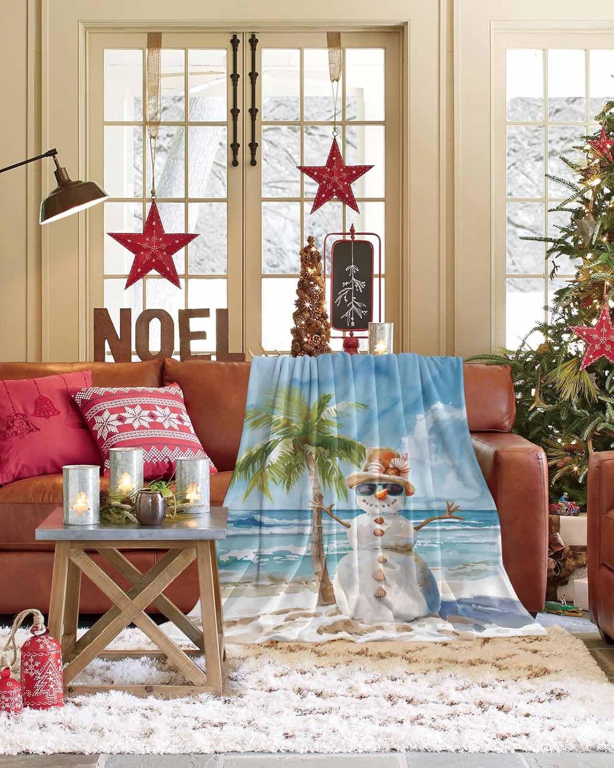 Coastal Christmas Throw Blanket, Soft Fluffy Fuzzy Blankets & Throws for Bed/Couch, Xmas Snowman Beach Nautical Lightweight Warm Blankets for Women Christmas Decor 40"x60"
