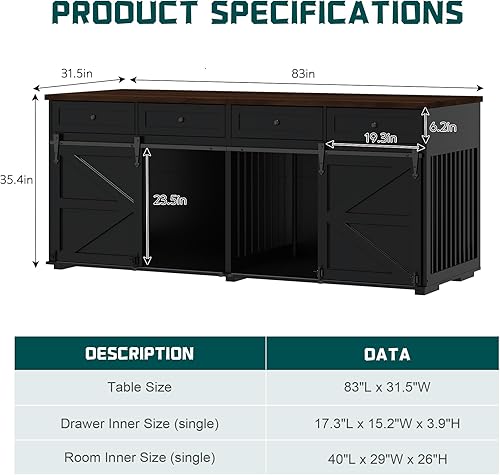 Miniatura 6 de Furniture Style - Jaula para perros, 83 pulgadas de largo, muebles de madera para interiores con puertas correderas dobles de granero, 4 cajones y