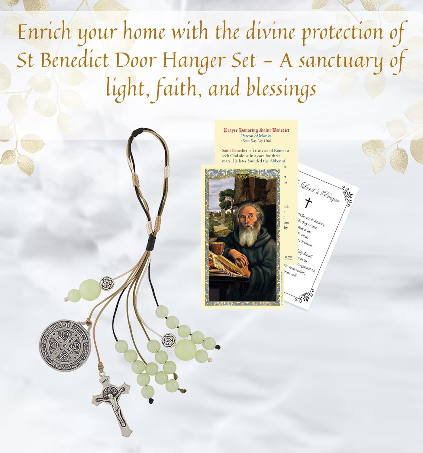 St Benedict Home Blessing Door Hanger - Luminous Beads St Benedict Door Hanger for Protection Decor, Laminated Catholic Card, The Lord's Prayer - Patron Saint of Monks Themed Set - 3 Items - Image 2