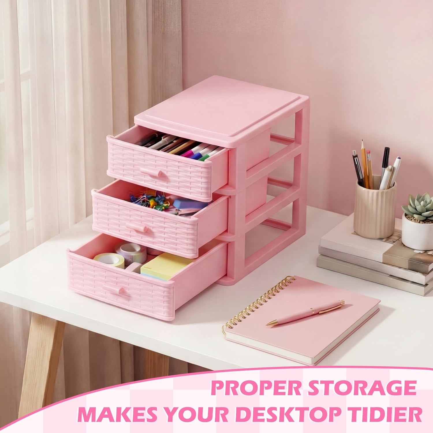 Small Storage Desk Wicker Weave Drawer 3 Drawers Plastic Storage Mini Plastic Weave Drawer Unit with Pull Handles Desk Organizer for Office Supplies Craft Countertop Makeup Bathroom(Pink)