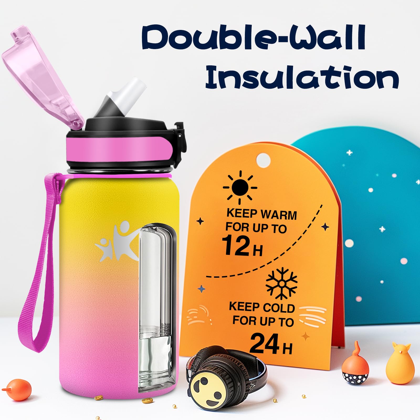 KollyKolla Borraccia Acciaio Inox 500ml, Borracce Termiche con Cannuccia, Bottiglia Termica Riutilizzabile, Bottiglia Acqua a Prova di Perdite, senza BPA, Borraccia per Bambini, Scuola, Gimnasio