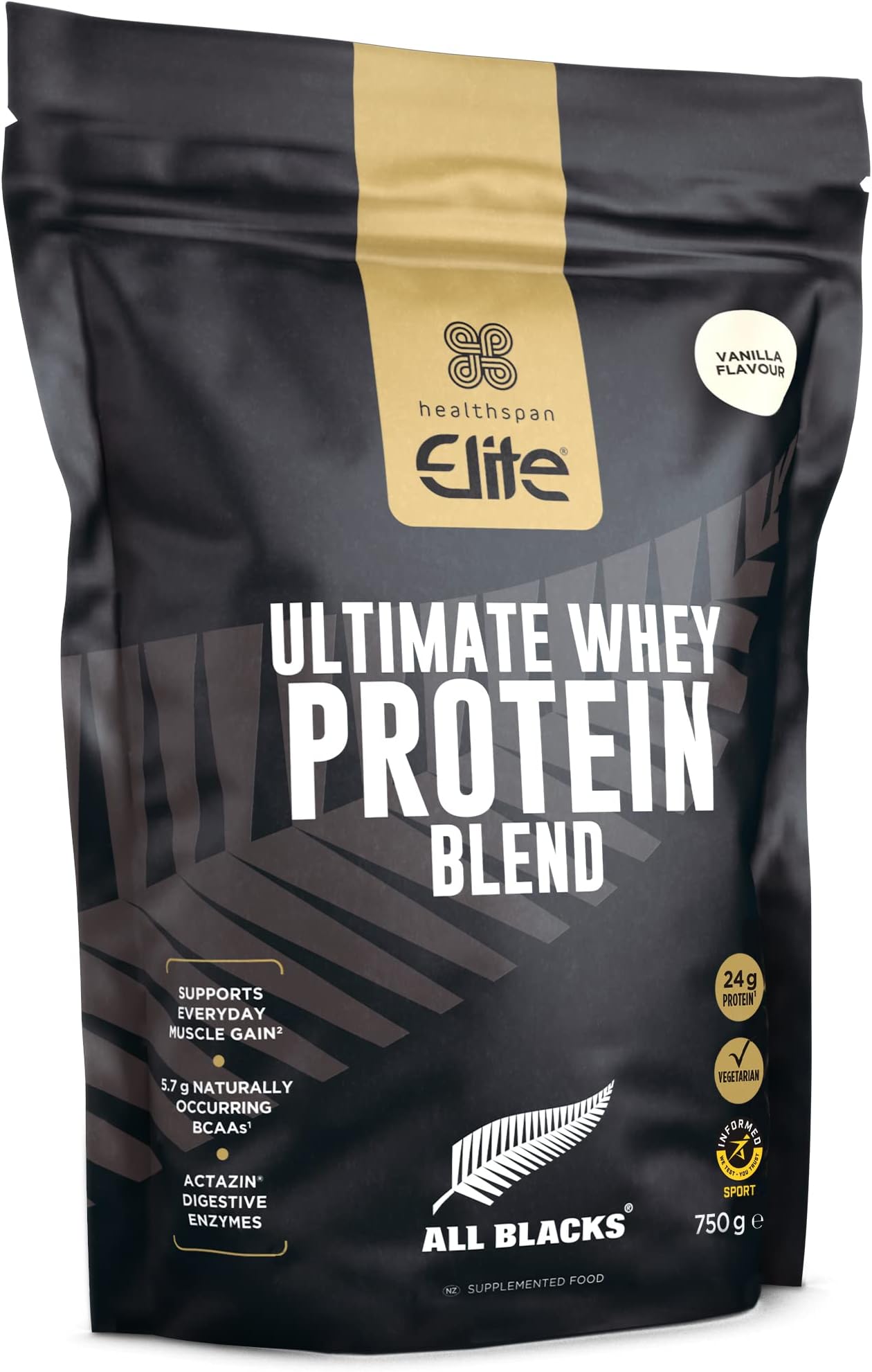 – All Blacks Ultimate Whey Protein Blend (750g) | Whey Concentrate & Isolate Proteins | 24g Protein Per Serving | Muscle Gain | 5.7g BCAAs | Contains Actazin | Vegetarian (Vanilla)