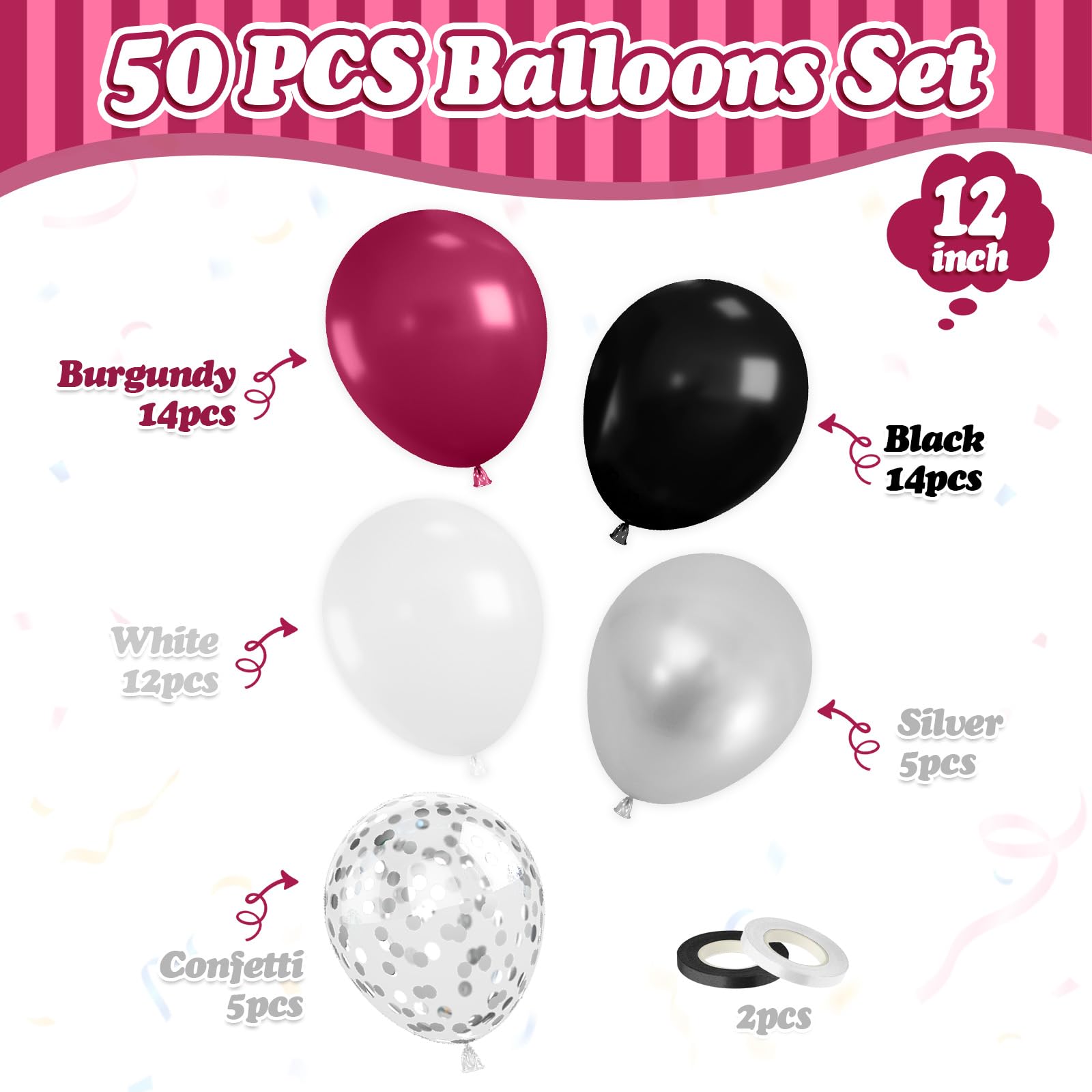 FunHot Kastanienbraune Luftballons, 50 Stück, Burgunderrot, Schwarz, 30,5 cm, Burgunderrot, Metallic-Silber, Konfetti-Latex-Luftballons für Geburtstag, Hochzeit, Babyparty, Brautparty, Abschlussfeier