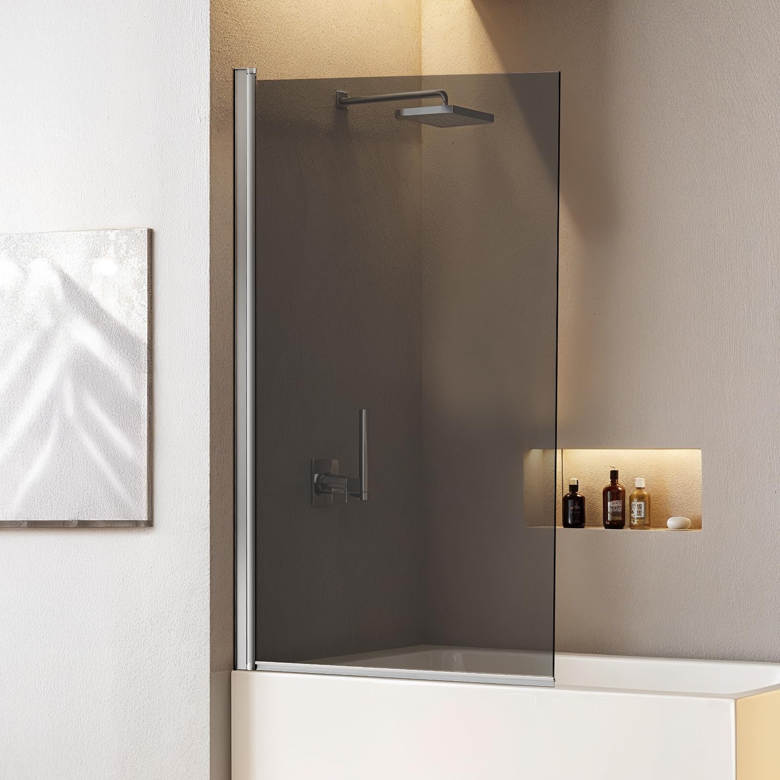 INMOZATA Shower Screen,Tempered Explosion-Proof Glass Shower Screens for Bath,180 Degree Rotation Over Bath Shower Screen Glass Panel（Grey Glass）