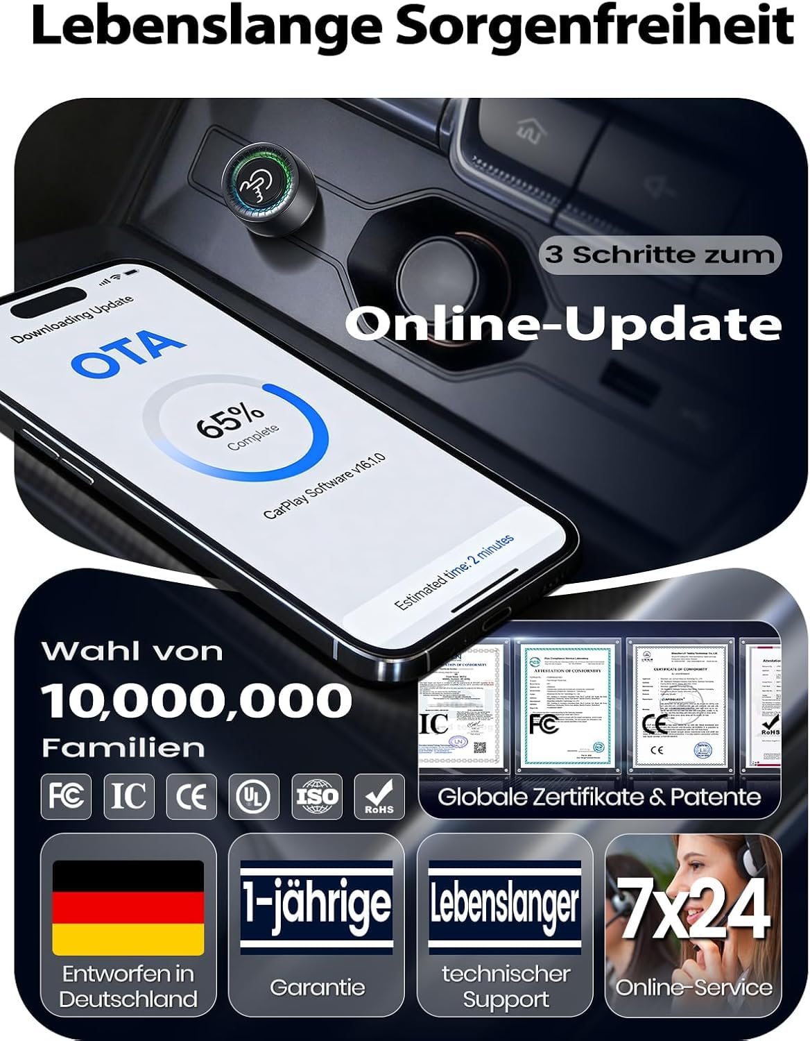 Versteckter CarPlay Wireless Adapter & Android Auto Wireless Adapter, Benutzerwechsel per Taste, USB-A/USB-C, Kompatibel mit iPhone iOS 10+ Android 10+
