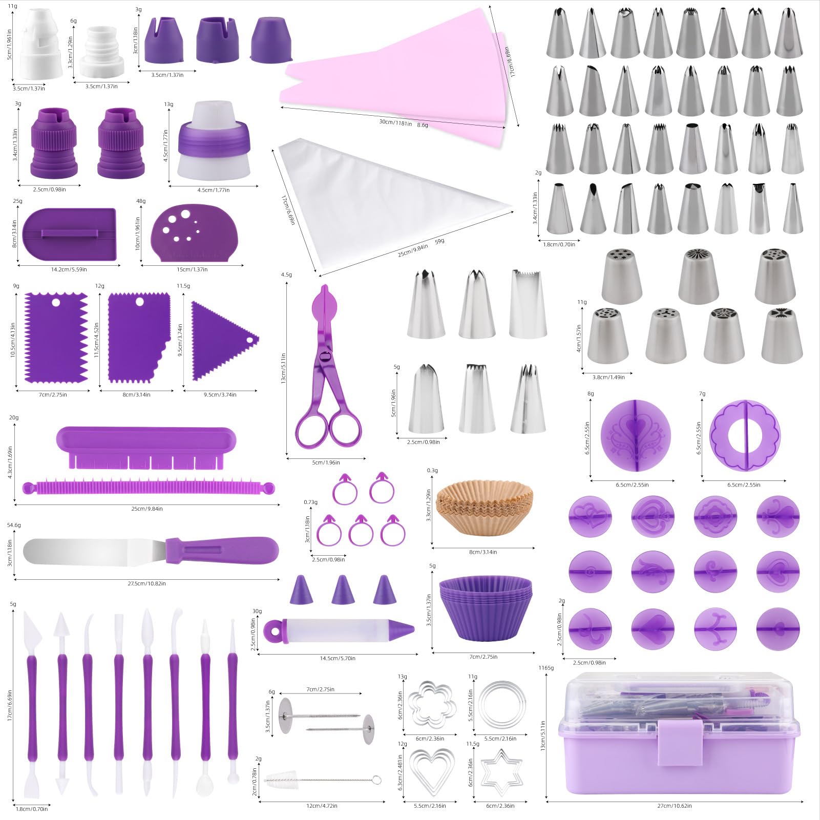 Kit de decoración de pasteles: kit de herramientas de suministros de decoración, 235 piezas de accesorios para hornear, incluye bolsas de pinchos y juego de puntas, juego de puntas de tubería 7