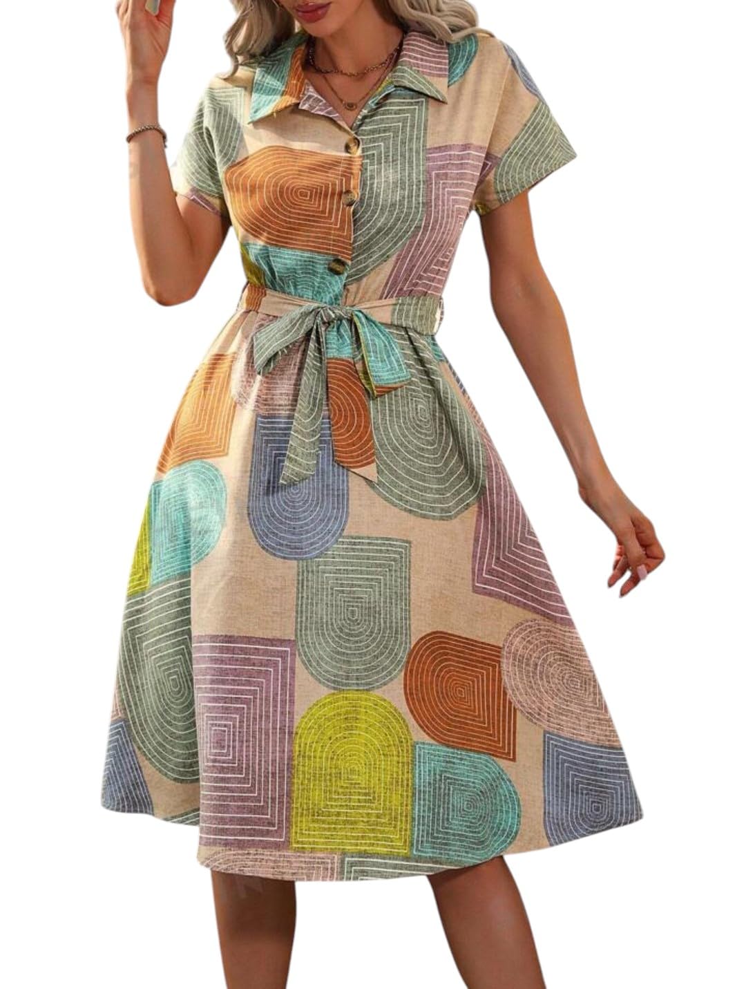 Gufrina Women's Short Sleeve Collar Neck Dress - Geometric Print Button-Down Midi Dress With Tie-Up Belt (Beige S)