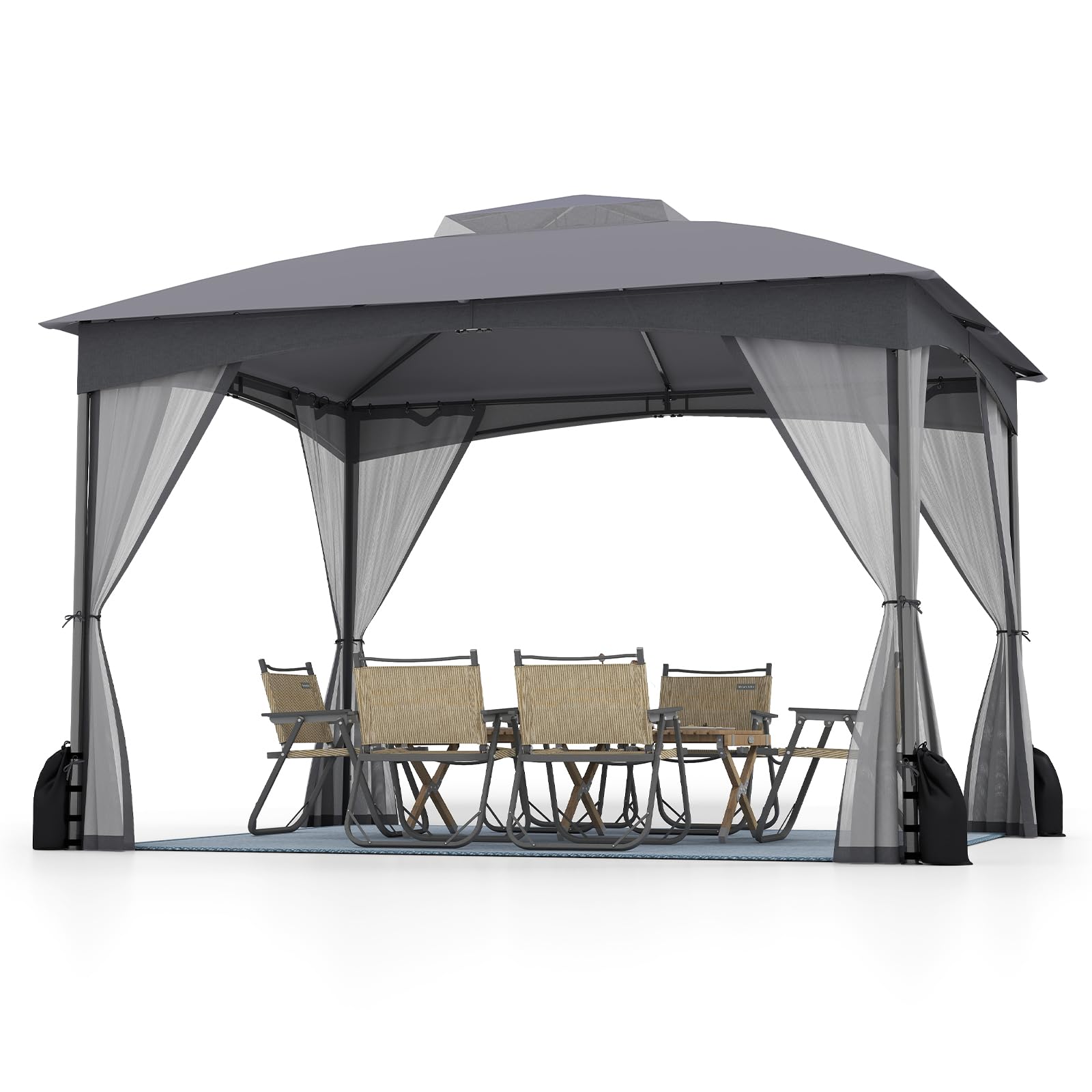 RELAX4LIFE Tonnelle de Jardin Exterieur avec Moustiquaire, Pavillon de Jardin, Protection Solaire, Cadre Métallique, Sacs de Sable, Montage sans Outil, Tente de Reception pour Terrasse Patio (Gris)