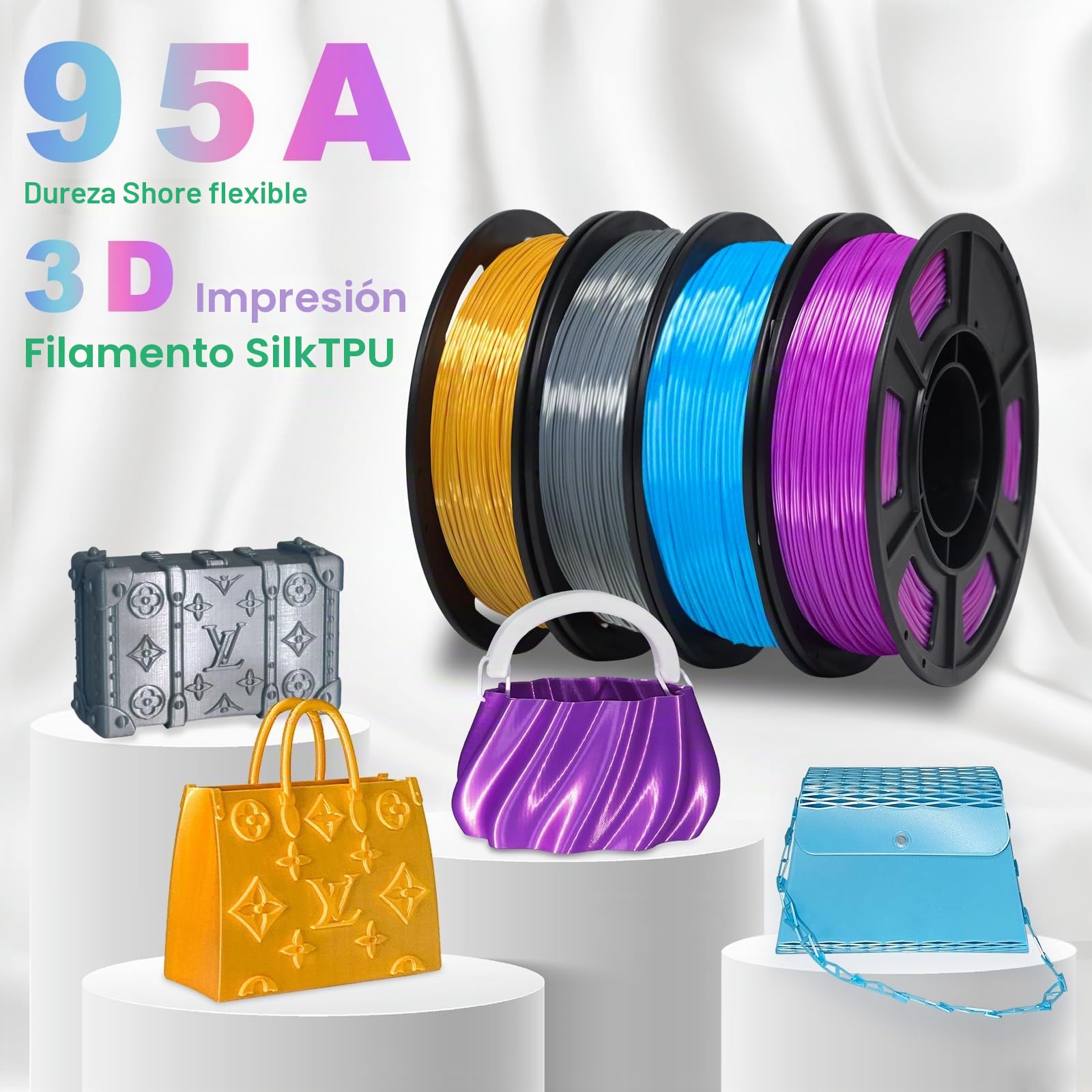 YOUSU Filamento de TPU de seda de 1.75 mm, filamento flexible de impresión 3D de TPU 95A, alta resistencia a la dureza, material adhesivo suave, elástico, 2.2 libras, seda TPU dorado, gris oscuro
