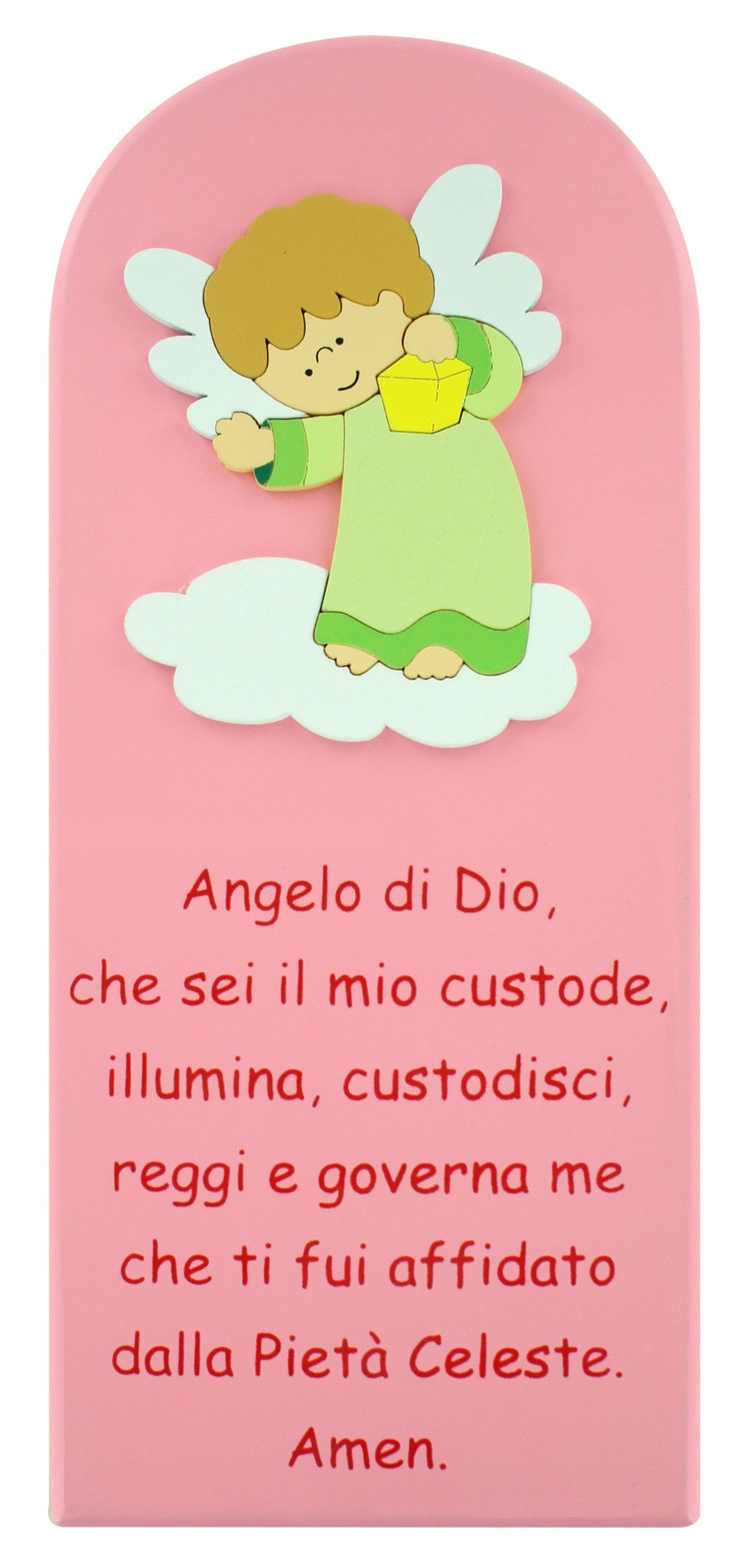 Ferrari & Arrighetti Quadretto per Bimbe, Quadro Preghiera Angelo di Dio in Legno Rosa con Angelo Verde da Appendere al Muro/Parete, Idea Regalo per Bambine e Ragazze del Catechismo, 28 x 12 Cm