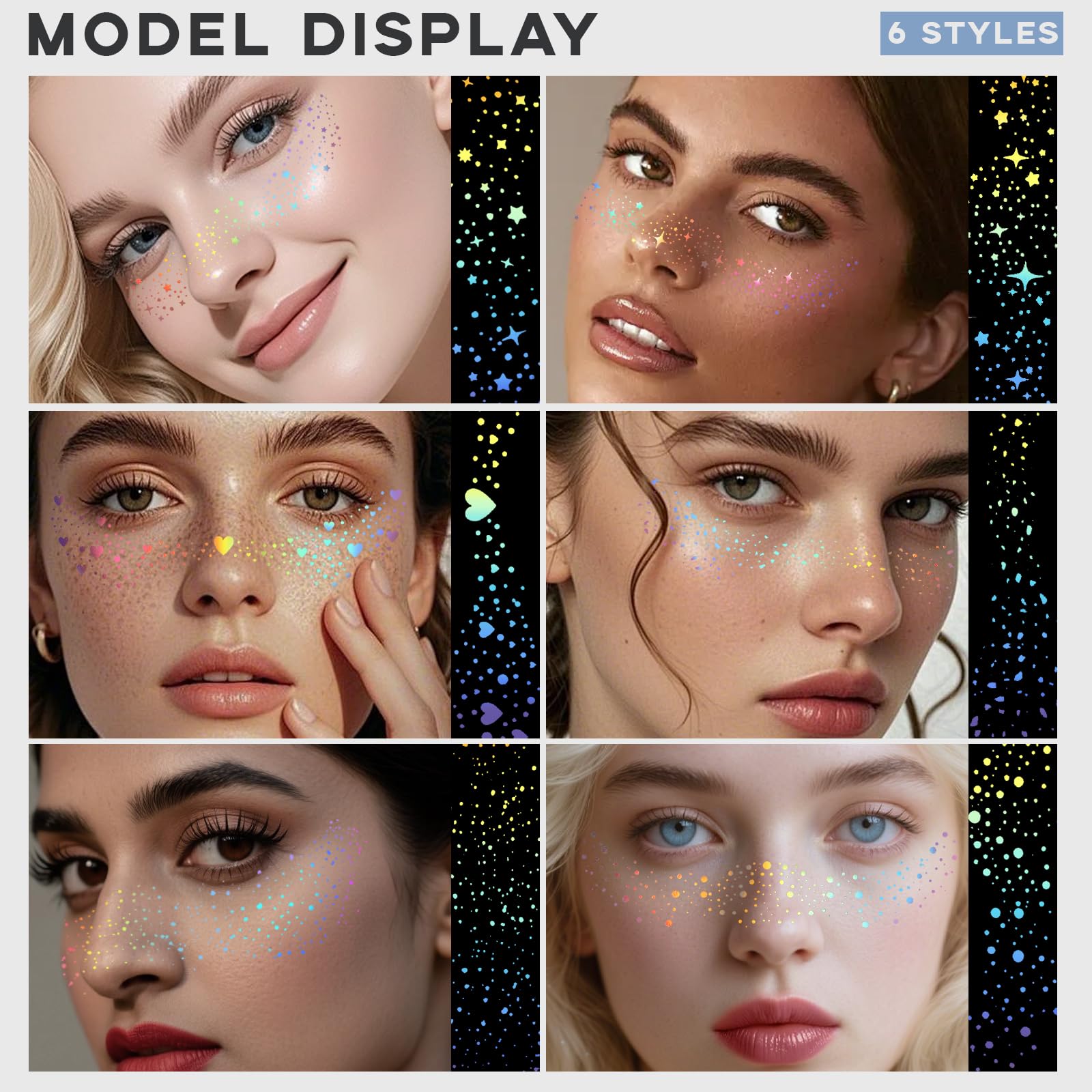 Noerrors 6pcs Glitter Freckles Face Tattoo, Multichrome Holographic Sparkle Face Glitter Speckles Patches - Image 3
