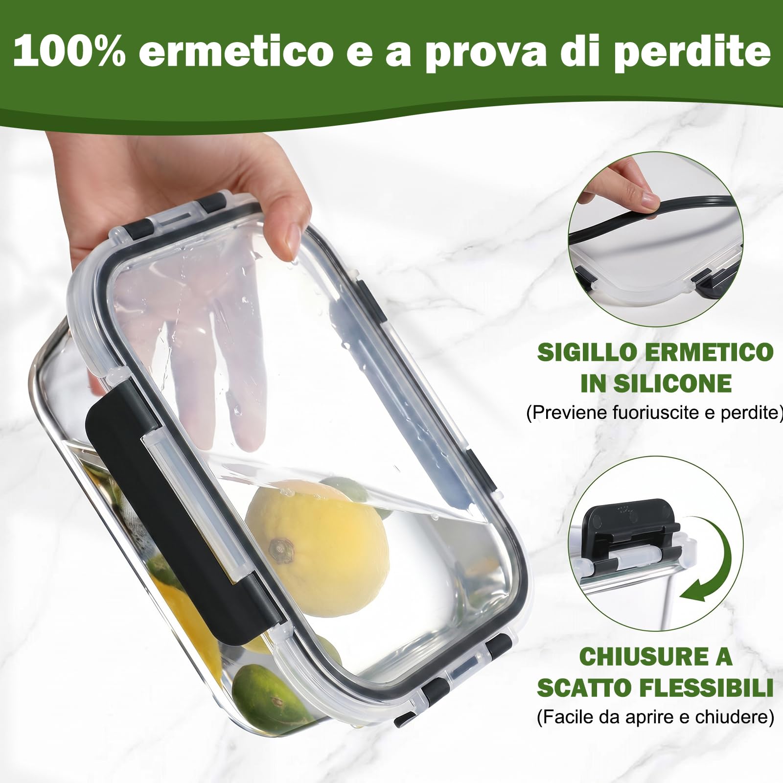 YASHE Set 12 Contenitori Vetro per Alimenti con Coperchi Ermetici, Senza BPA, Adatti a Microonde, Forno, Frigo e Congelatore, per Meal Prep, Nero