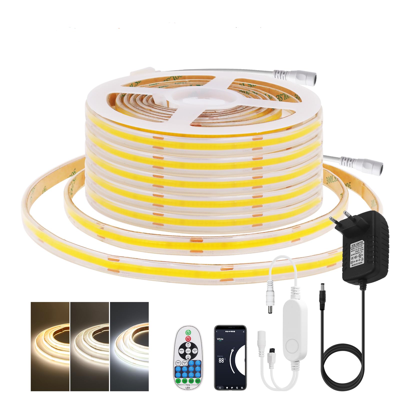 KISUFU Tira LED COB 24V, 480 LEDs/m Impermeable IP65 Luces LED Flexible Pegamento de doble cara Tira Luz LED con WIFI 23 teclas IR Dimmer para Cocina, Dormitorio, Baño, iluminación DIY