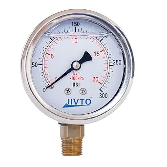 Pressure Gauge,Glycerin Liquid Filled,2-1/2" Dual Scale Dia,0-300 psi/bar/kpa,1/4" NPT Male Brass Connection,Lower Mount, Stainless Steel Case,for Pneumatic,Pump,Hose,Well Tank,Gas Air Water Oil