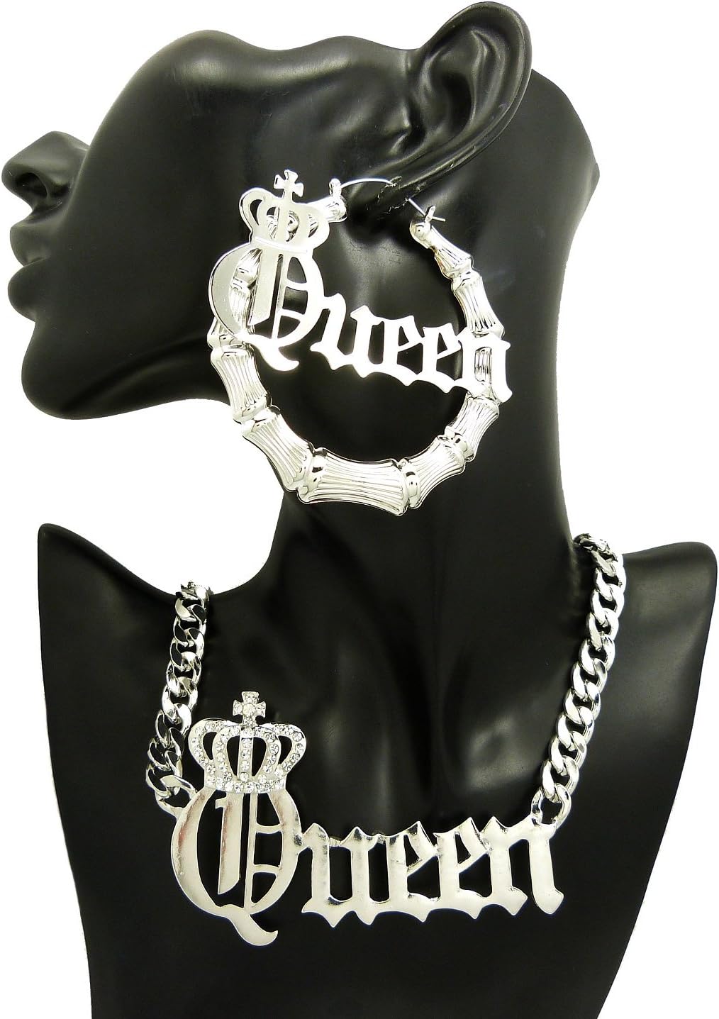 NYFASHION101 Stone Stud Crowned Queen Pendant Chain Necklace with Bamboo Hoop Pincatch Earrings Jewelry Set