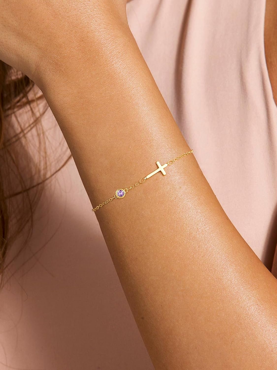 Dainty Birthstone Gold Cross Bracelets for Women Trendy 14K Gold Plated Inspirational Religious Faith Small Cross Bracelet Christian Baptism Birthday Gift for Women Minimalist Non Tarnish Jewelry - Image 3
