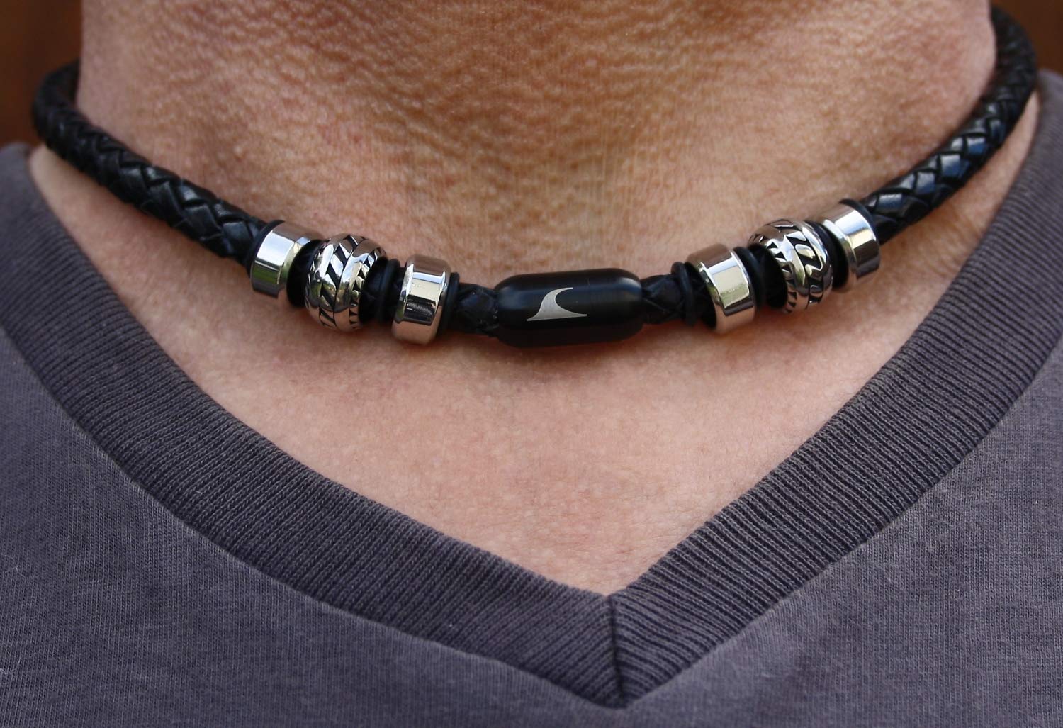 Echt Leder-Halskette Steel F Schwarz/SW Männer Herren