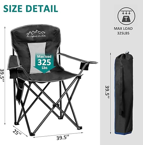 Miniatura 3 de Silla de camping plegable para exteriores con soporte para tazas, bolsa de almacenamiento, pies grandes antideslizantes, capacidad de 325 libras,