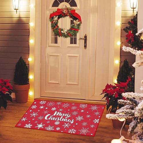 Miniatura 8 de CAROMIO Tapete de Navidad con diseño de copos de nieve rojos, antideslizante, para interiores y exteriores, para puerta delantera, sala de estar,