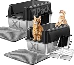 Marchul Enclosed Stainless Steel Cat Litter Box with Lid & Drawer Design, XL Extra Large for Indoor Cats, Metal Covered Cat Litter Box, Baffles for Anti-Leakag, with Litter Scoop & Litter Mat