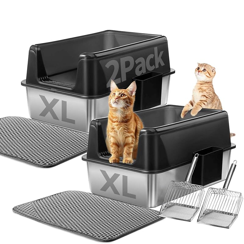 Caixa de Areia para Gatos em Aço Inoxidável com Pá, Suporte e Tapete Marchul M1D, Laterais Altas, Pacote com 2