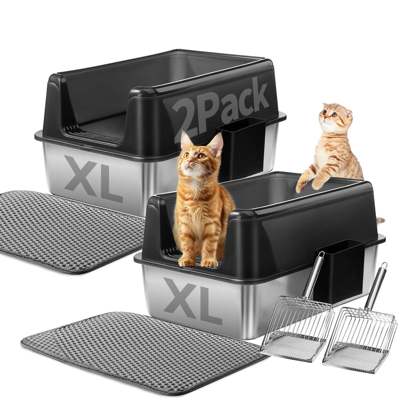 Marchul (2PACK) Lettiera per gatti XL, lettiera in acciaio inox per gatti grandi, lettiera XL in metallo con coperchio, impermeabile all'urina, non appiccicosa, inclusa stuoia per lettiera e pala per