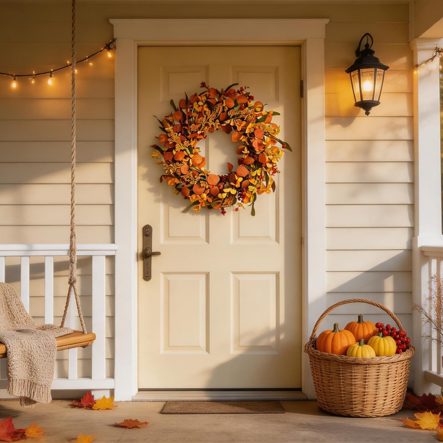 20 Inch Fall Wreaths for Front Door, Artificial Orange Eucalyptus Leaves Red Berries Grain Autumn Wreath, Farmhouse Harvest Thanksgiving Indoor Outdoor Porch Wall Decor