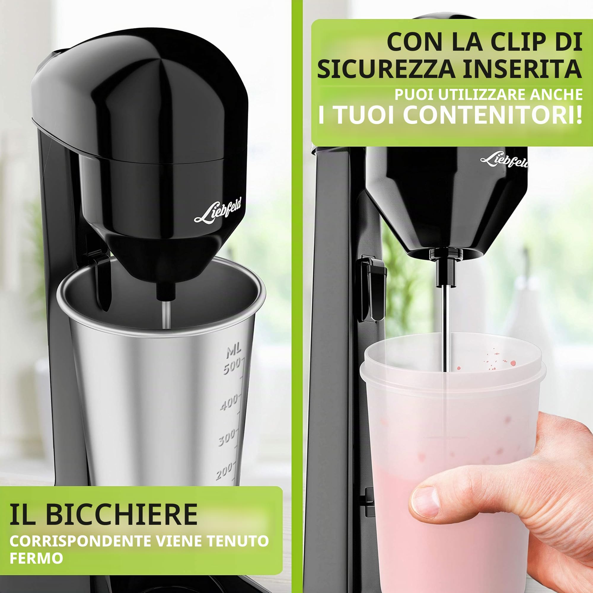 Liebfeld Shaker proteico elettrico – Frullatore a immersione con tazza in acciaio inox da 500 ml, frullato proteico e latte shake, fitness, bianco d'uovo, frullatore frappe, frullatore per frullati