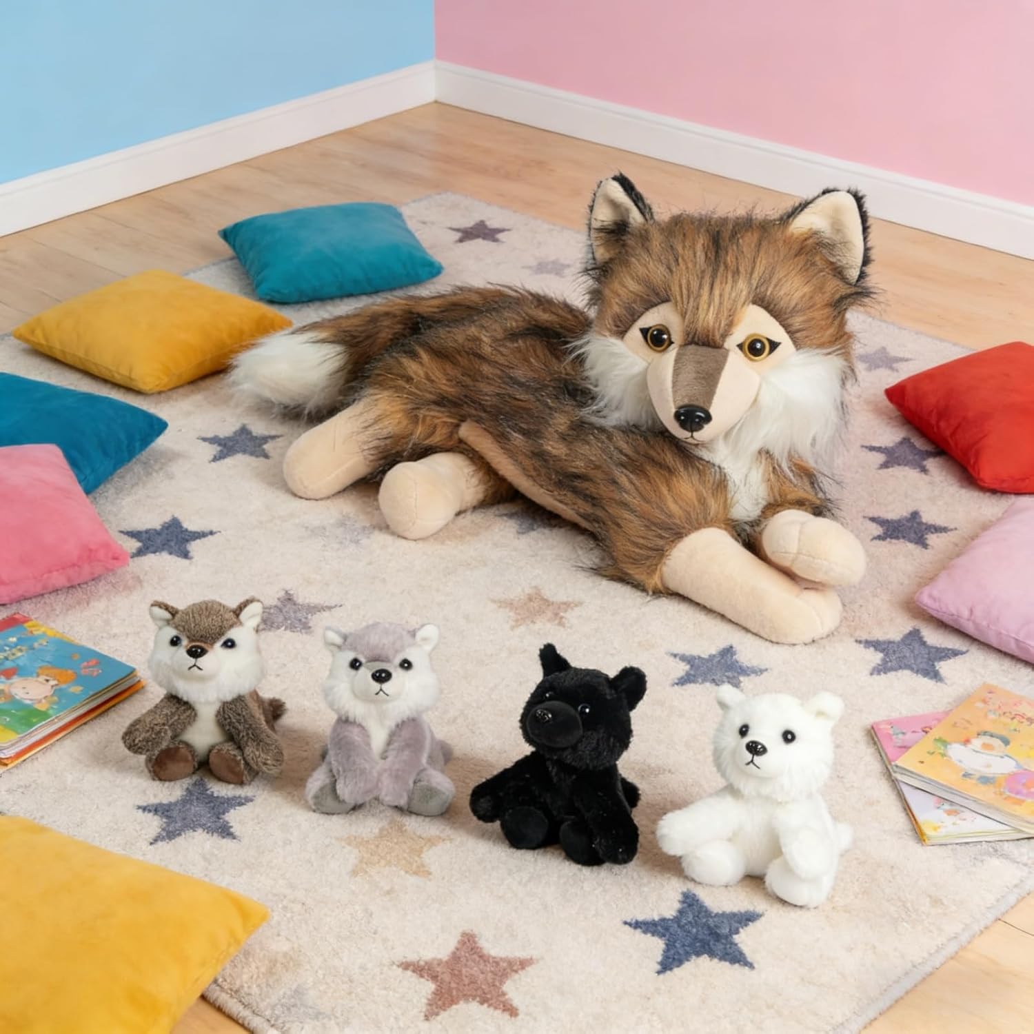 5 Pcs Wolf Stuffed Animal Plush Set 16 Inch Mommy Large Stuffed Wolf Plush with 4 Babies Wolves, Realistic Plush Wolf Toys Soft Wolf Plushies for Kids Boys Girls Birthday Easter Stuffers Gifts