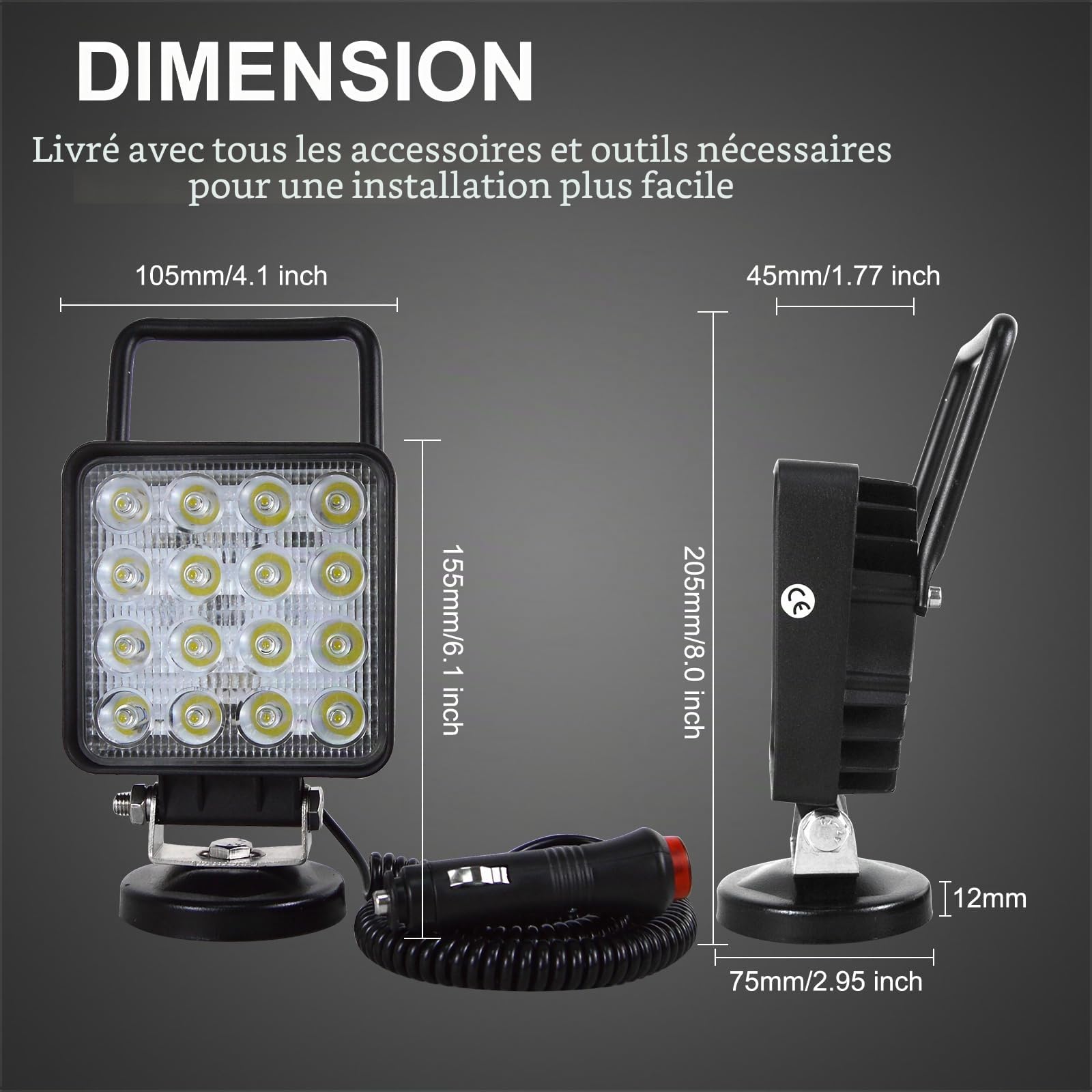AUXTINGS 10.5 cm 48W Portable LED lumière de travail Offroad Spot Light interrupteur allume-cigare support de base magnétique pour voiture SUV remorque tracteur camion ingénierie maintenance camping