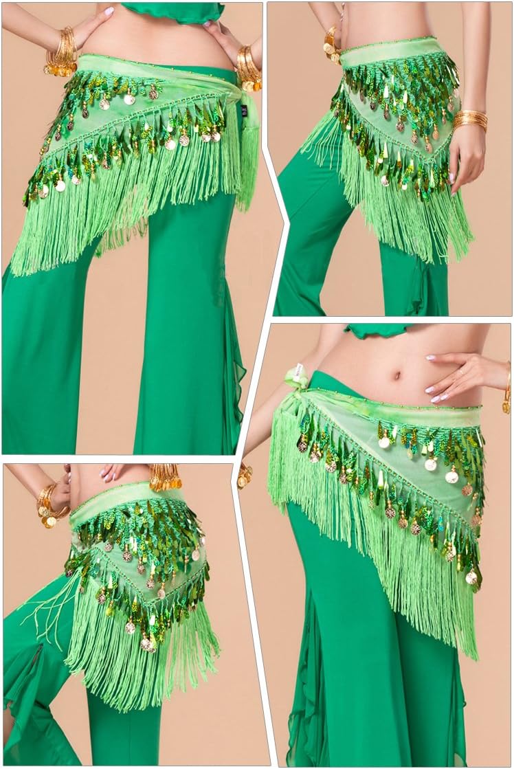 MUNAFIE Belly Dance Hip Scarf with Tassels Sequins, Triangle Coins Wrap Skirt Music Festival Clothing Skirt - Image 8