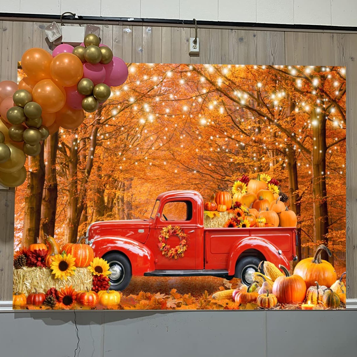 Fall Forest Red Truck Backdrop Autumn Maple Leaves Harvest Pumpkin Landscape Photo Background for Photography Fall Theme Thanksgiving Day Party Decorations Banner Birthday Baby Shower Backdrop 7x5ft
