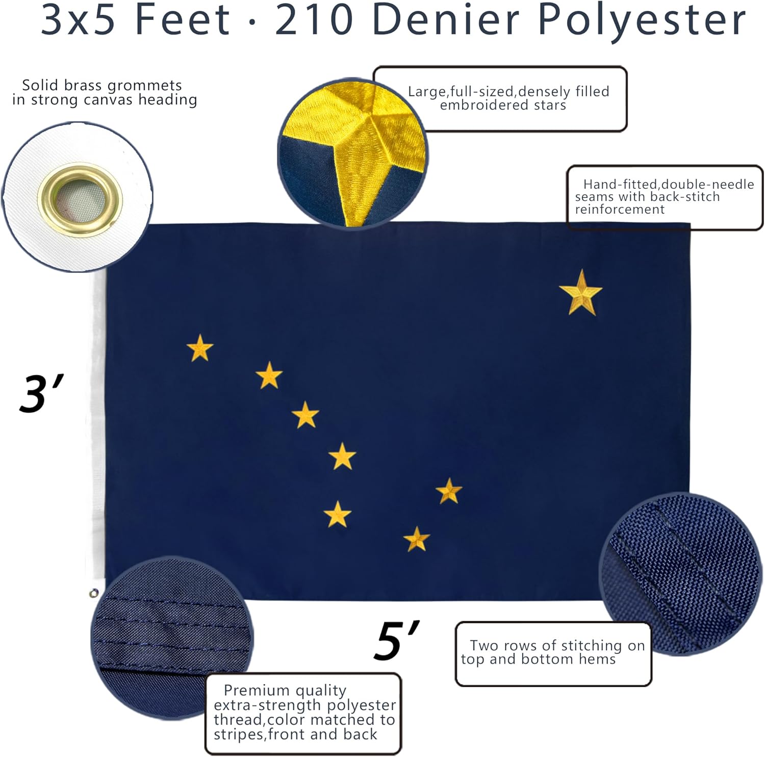 Anley EverStrong Series Embroidered Alaska State Flag 3x5 Feet - Embroidery & Heavy Duty Canvas Header - 4 Rows of Lock Stitching - Alaska AK State Flags with Brass Grommets 3 X 5 Ft