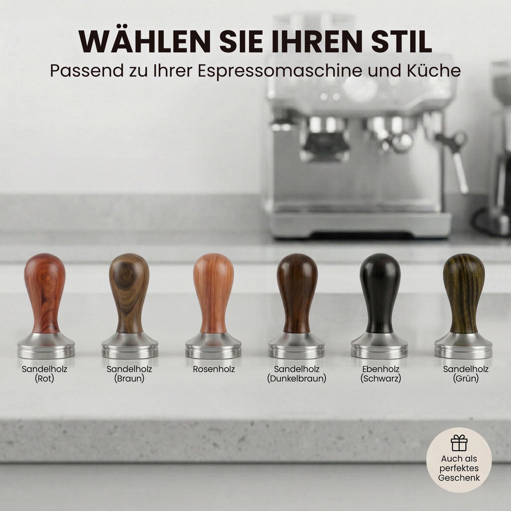 'Scarlet Espresso Classic – Prensador con marrón/negro inoxidable mango de madera para cafeteras, Set Ebenholz - Schwarz + Tamper Ablage, 41 mm