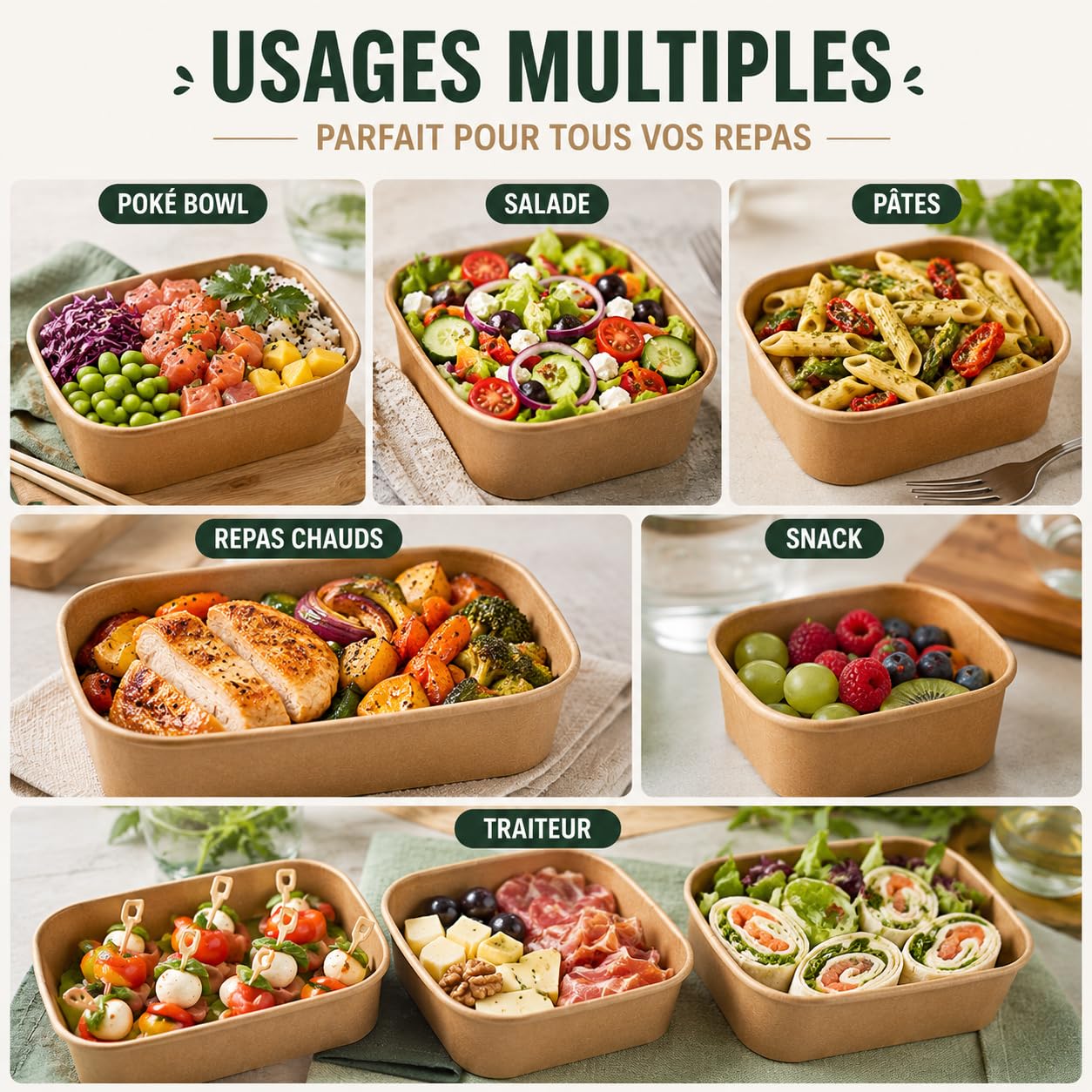 Lot de 50 Barquettes Kraft Alimentaires Rectangulaires 750 ml Couvercles en PP – Boîtes Repas Carton Épais 320g Anti-Graisse pour Vente à Emporter, Salades, Poké, Traiteur