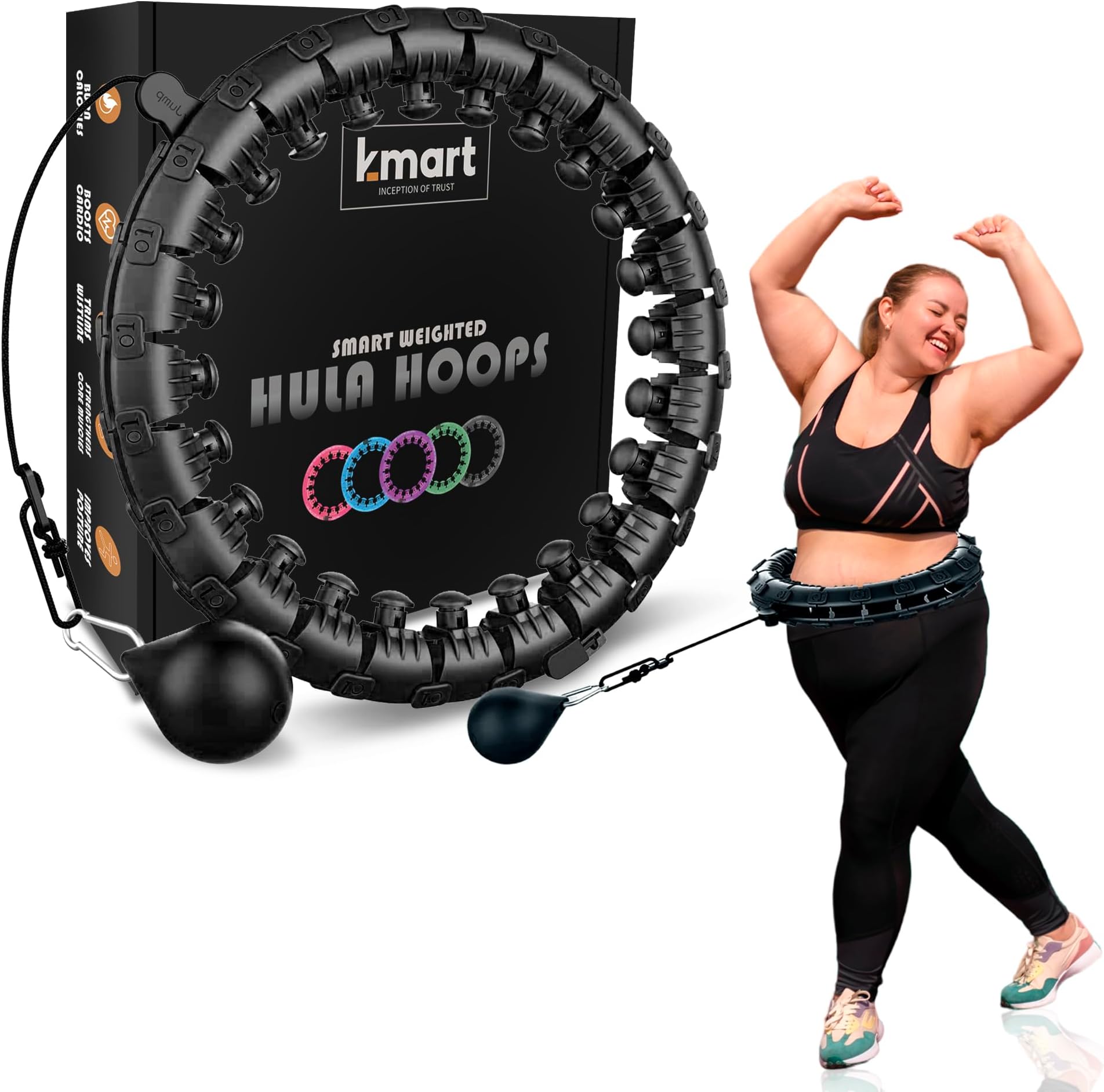 K-MART Smart Hula Ring Hoops, Weighted Hula Circle 24 Detachable Fitness Ring with 360 Degree Auto-Spinning Ball Gymnastics, Massage, Adult Fitness for Weight Loss (Charcoal Black)