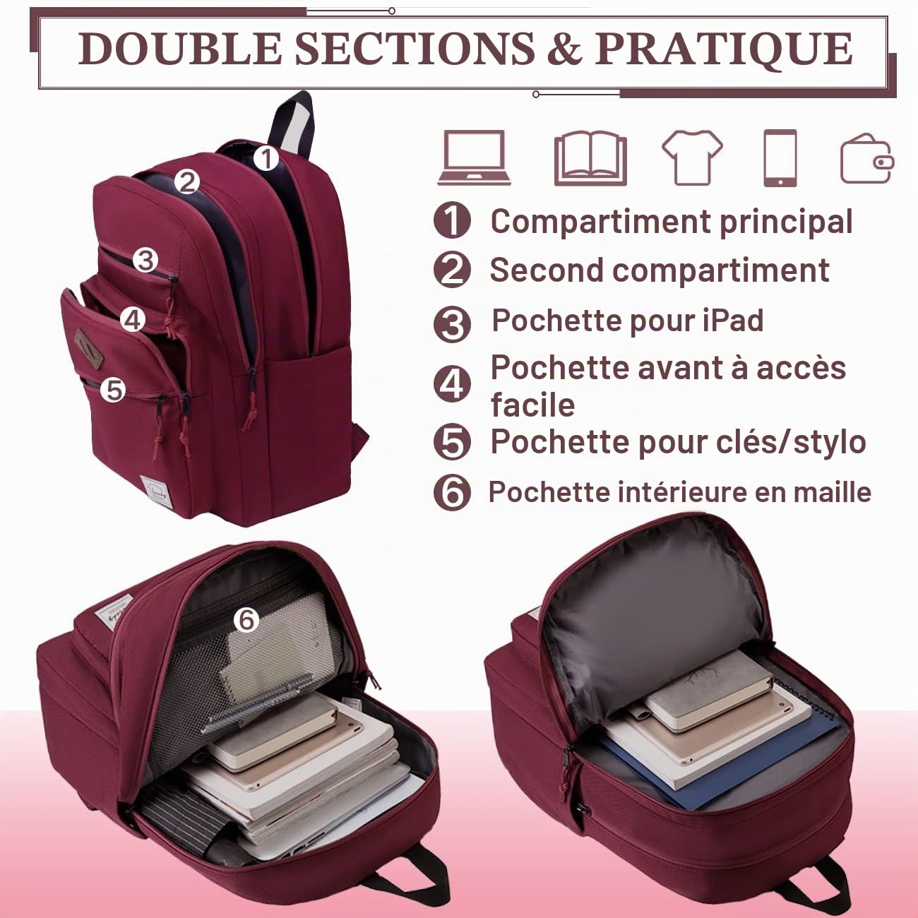 VASCHY Sac à Dos 2 Compartiments, Sac College et Ordinateur Léger Imperméable Grande Capacité pour Adolescent, École, Travail, Voyage