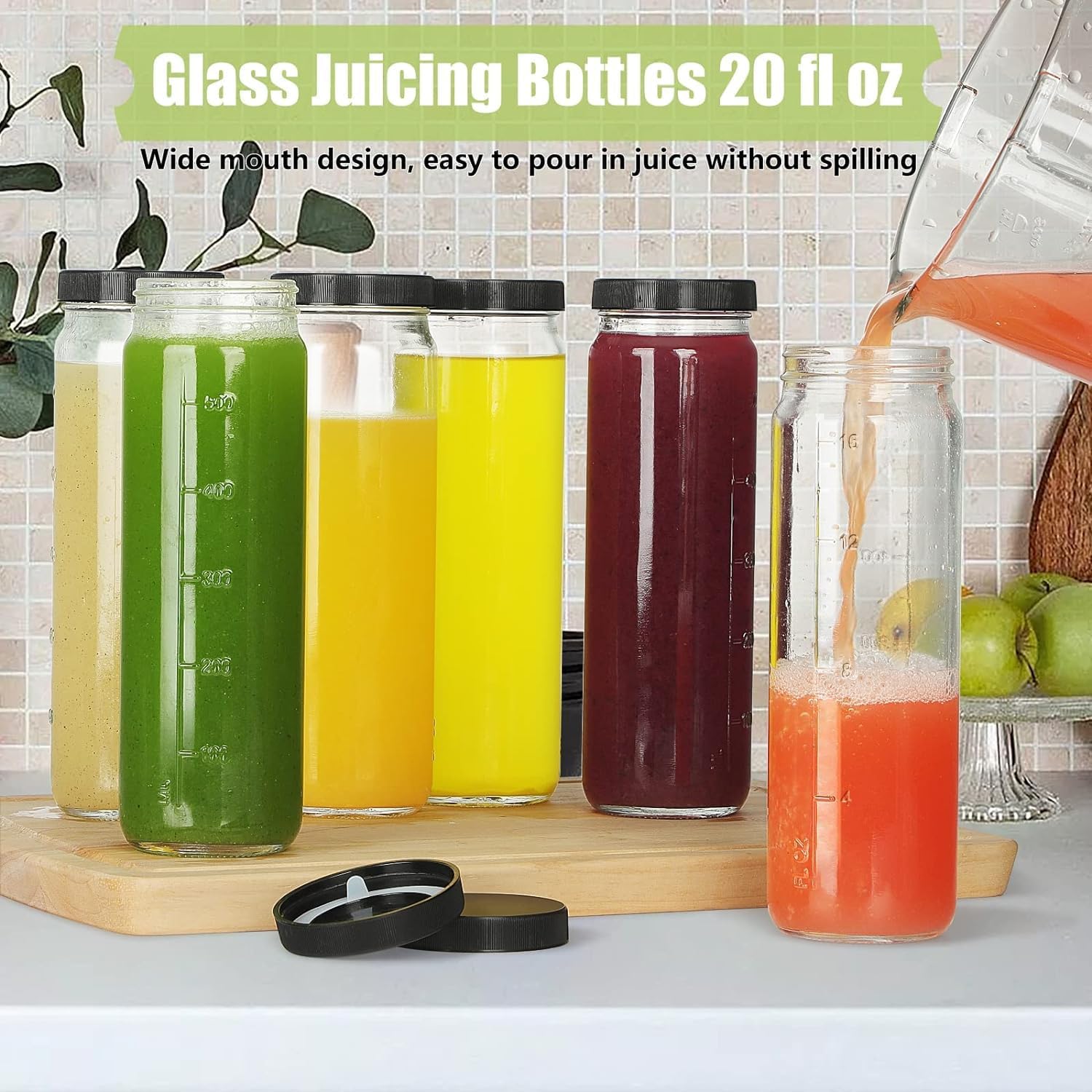 [6 Pack] 20 Oz Glass Juicing Bottles w Airtight Lids - Reusable Drinking Jars w Scale Marker, Travel Water Cups - Tall Mason Jar for Kombucha, Vanilla Extract(Extra 2 Lids) - Image 2