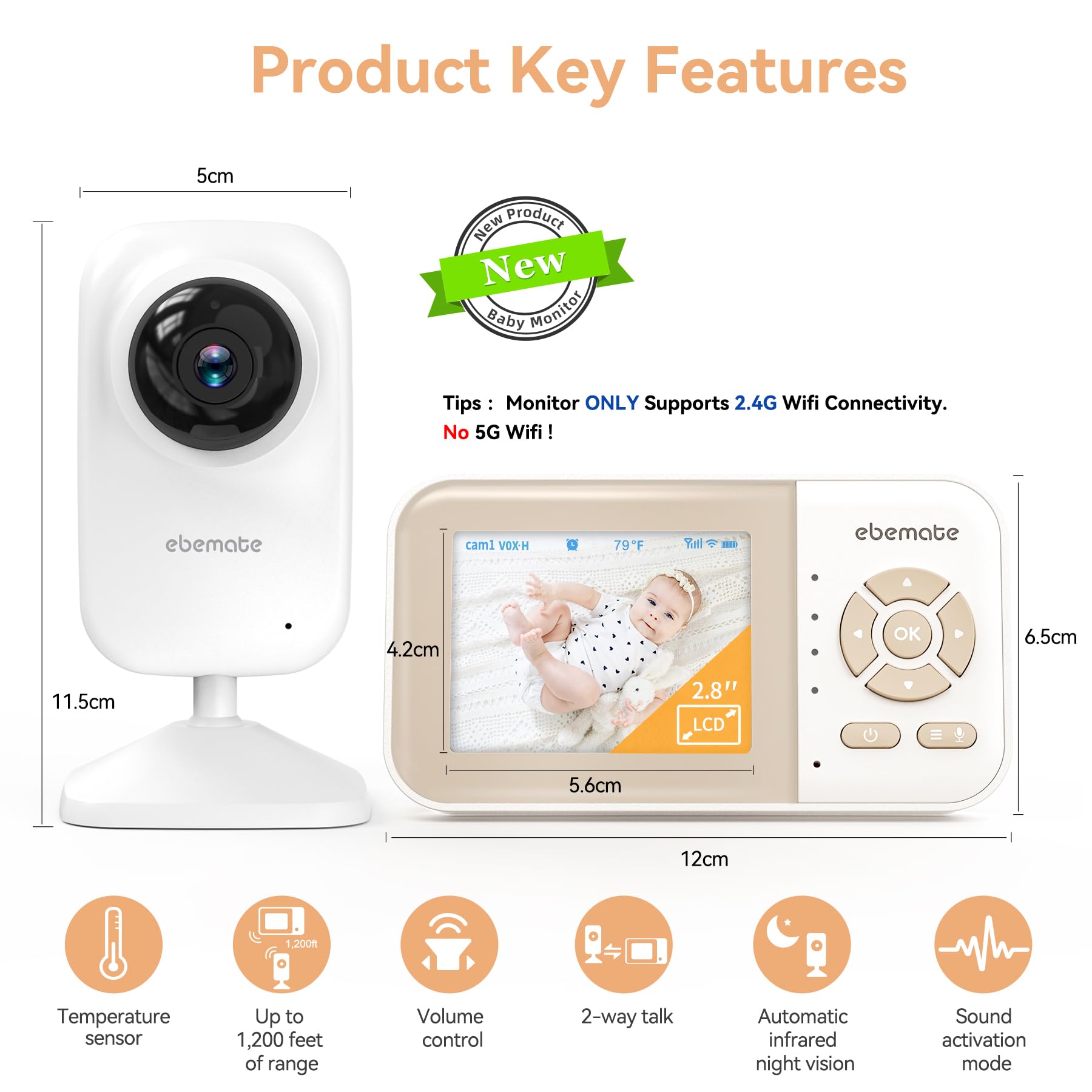 ebemate - Monitor video per bambini, monitor della videocamera audio di conversazione a 2 vie con ninne ninne ninne con display LCD da 2,8 pollici, EB29