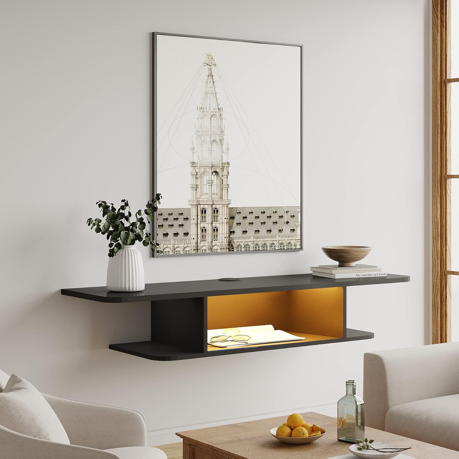 FITUEYES Black Floating TV Stand Wall Mounted Entertainment