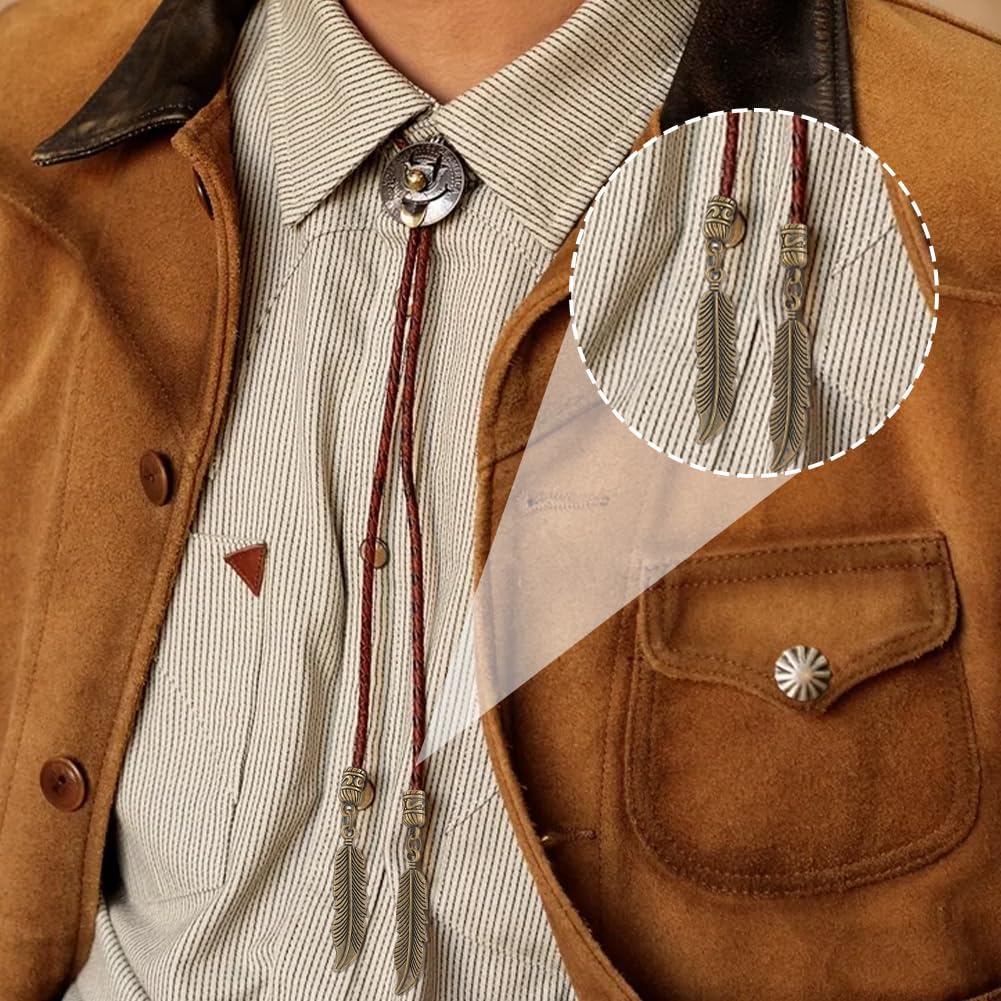 SUPERFINDINGS 12PCS 3 Colors Bolo Tie Tips 6.3cm/2.5" Alloy Feather Bolo Tie Cord End Caps Cowboy Ties Necklace Ends Cap Necktie Ends Caps for DIY Crafts Necklace Decor, 5.3mm Inner Diameter