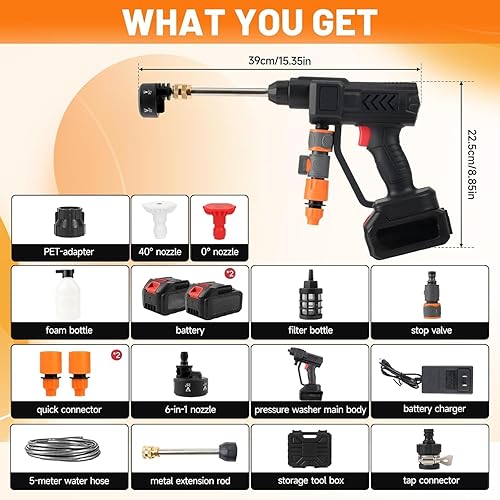 Miniatura 4 de Lavadora a presión inalámbrica alimentada por batería, lavadora a presión portátil 990PSI con cargador y boquilla 6 en 1 y 2 boquillas, lavadora de