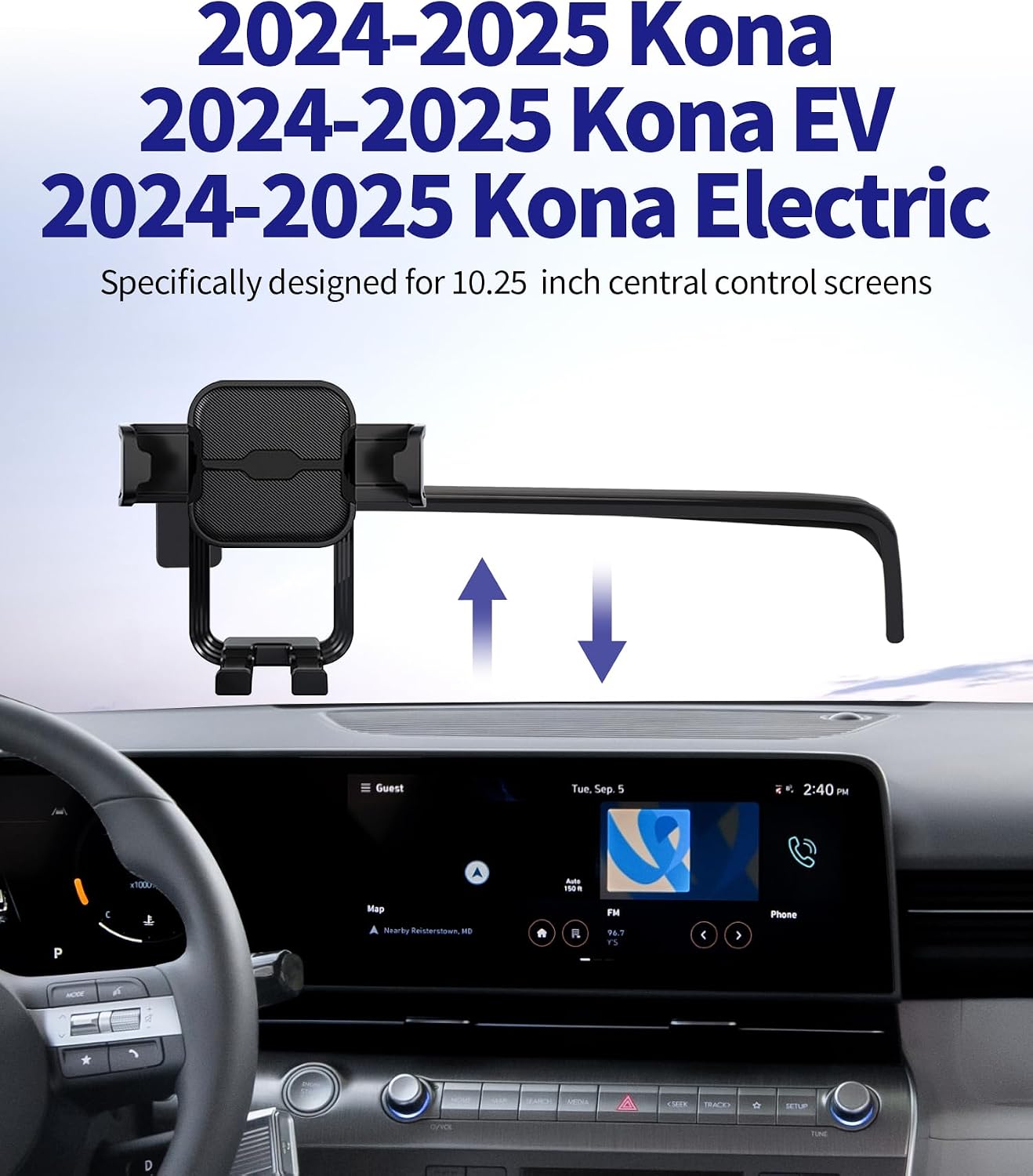 Car Phone Holder for Hyundai Kona/EV/Electric 2024-2025, 10.25" Screen Fixed Clip, Auto Accessories Navigation Bracket, Interior Decoration Mobile Phone Mount, 360° Rotation