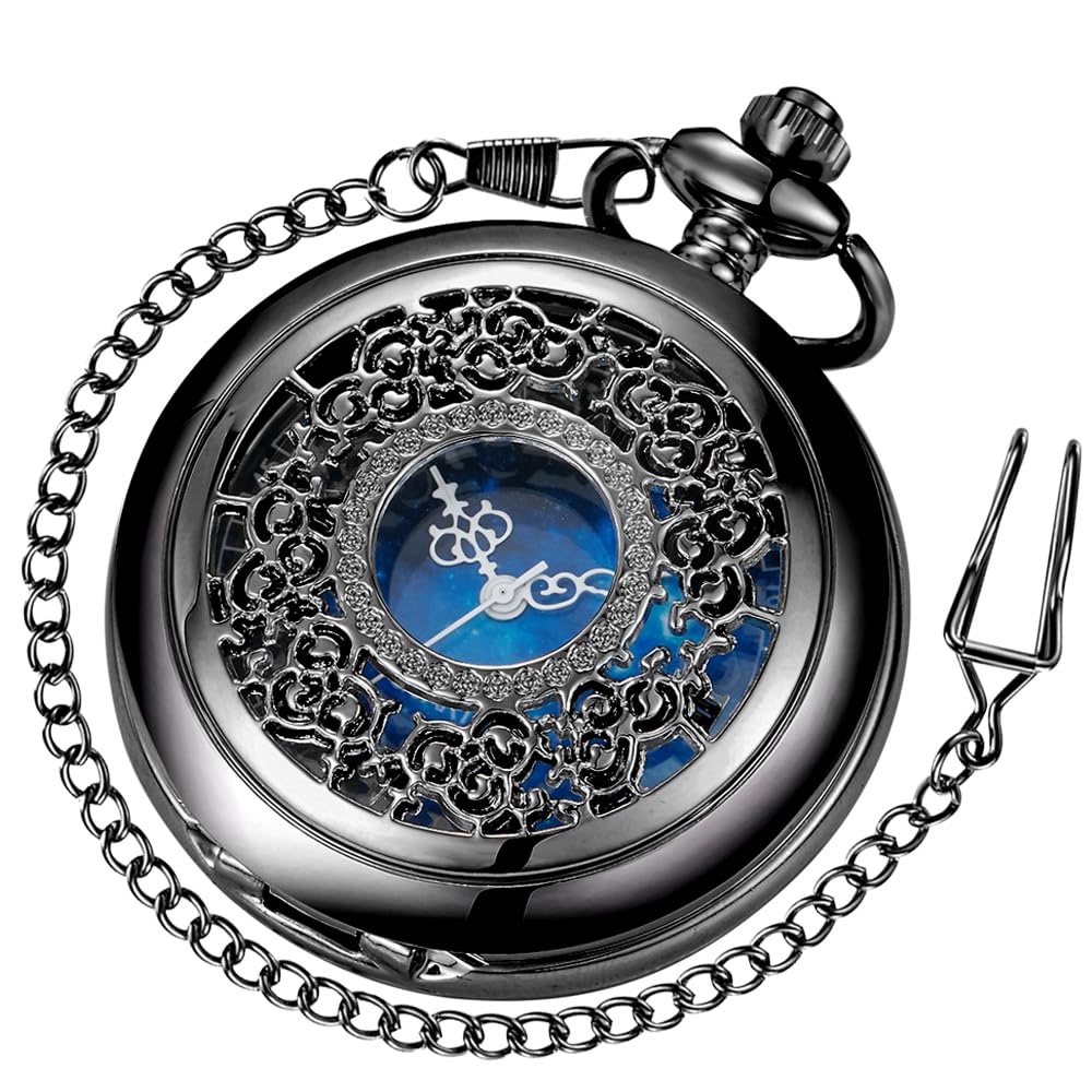 Tiong Quartz Pocket Watch Hollow Steampunk Blue Star Design Roman Numerals Pocket Watch with Chain Christmas Gifts