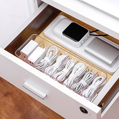 Miniatura 9 de Yesesion Caja organizadora de cables de plástico con compartimentos ajustables, estuche de almacenamiento de cables para accesorios de cajón de