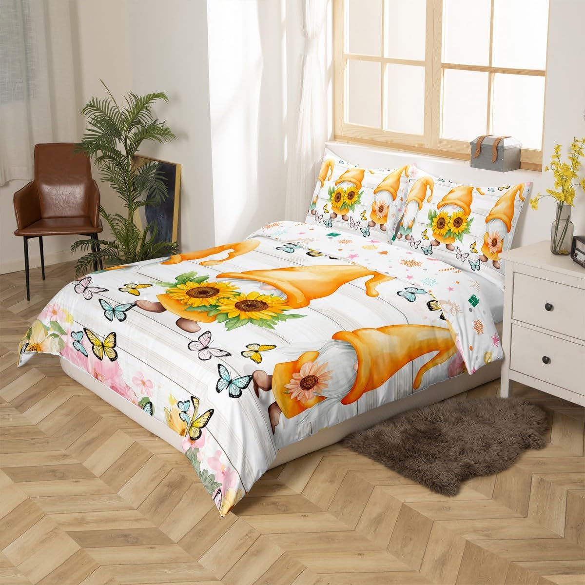 Erosebridal Boys Gnomes Bedding Set Christmas Decorations Merry Christmas Duvet Cover Full, Butterfly Sunflower Quilt Cover Floral Cute Cartoon Comforter Cover Xmas Decor with 2 Pillow Cases